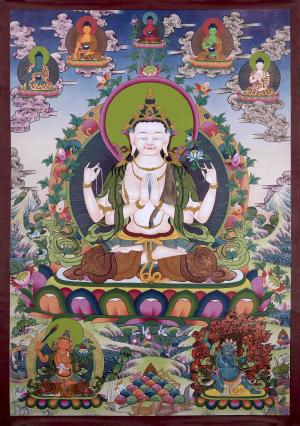 4 Armed Chengrezig Thangka Flanked By Other Bodhisattva | Traditional Wall Decor